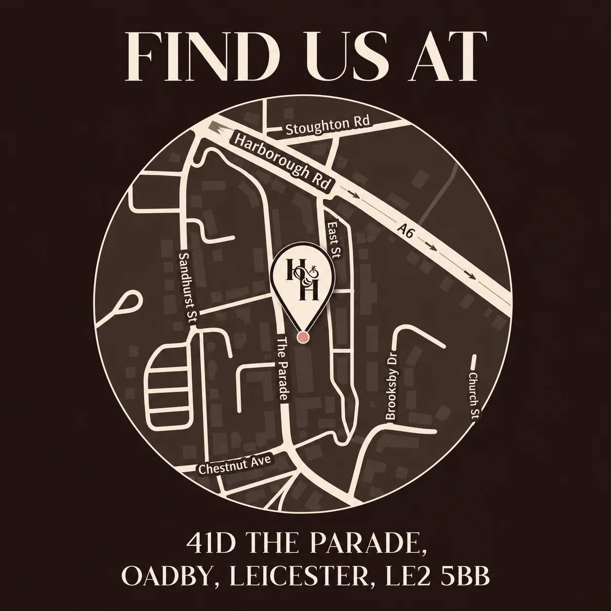 Map: find us at 41D The Parade, Oadby, Leicester, LE2 5BB, on The Parade between Harborough Road and Chestnut Avenue