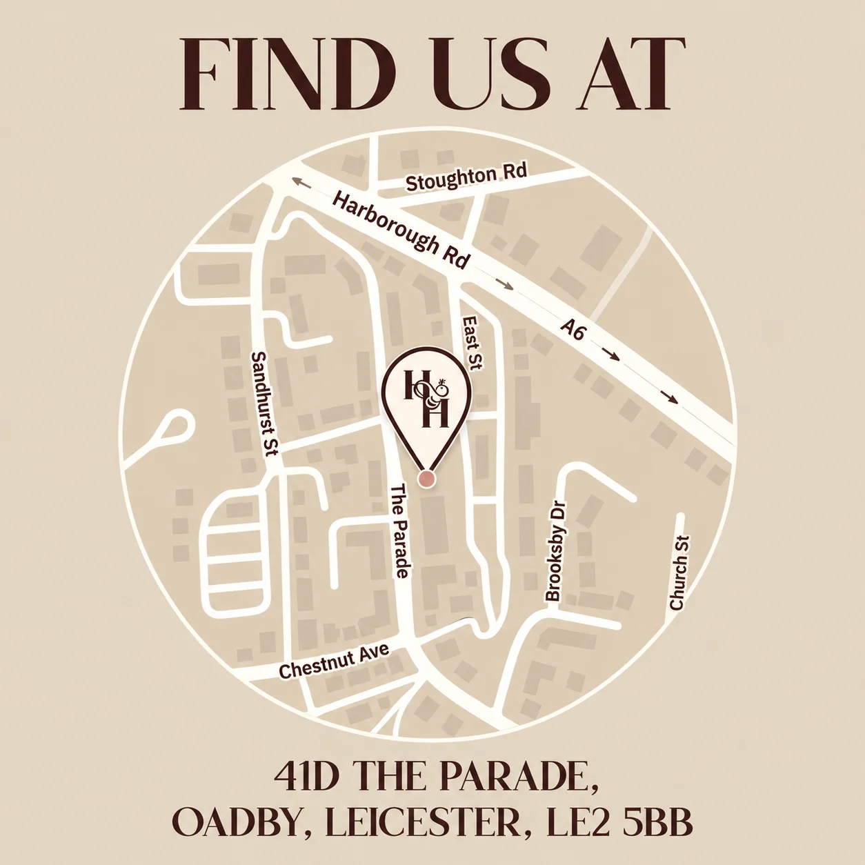 Map: find us at 41D The Parade, Oadby, Leicester, LE2 5BB, on The Parade between Harborough Road and Chestnut Avenue